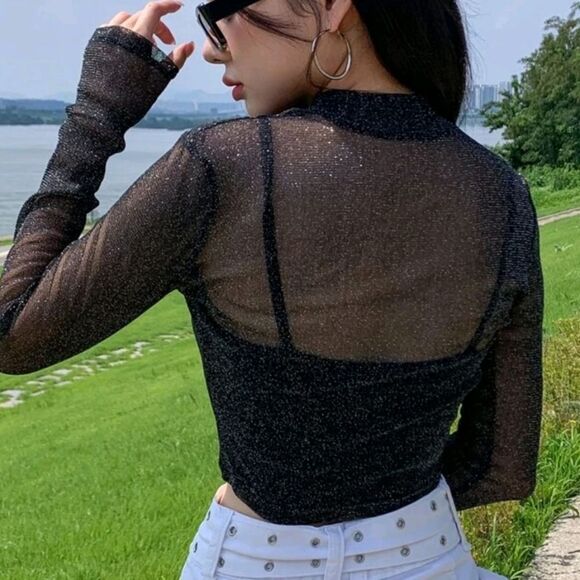 Mock Neck Glitter Mesh Top NWOT - Picture 2 of 3